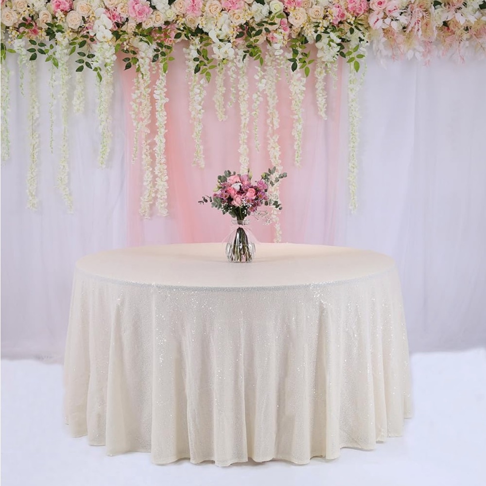 2 Round Ivory Sequin Layover Tablecloth (132”)